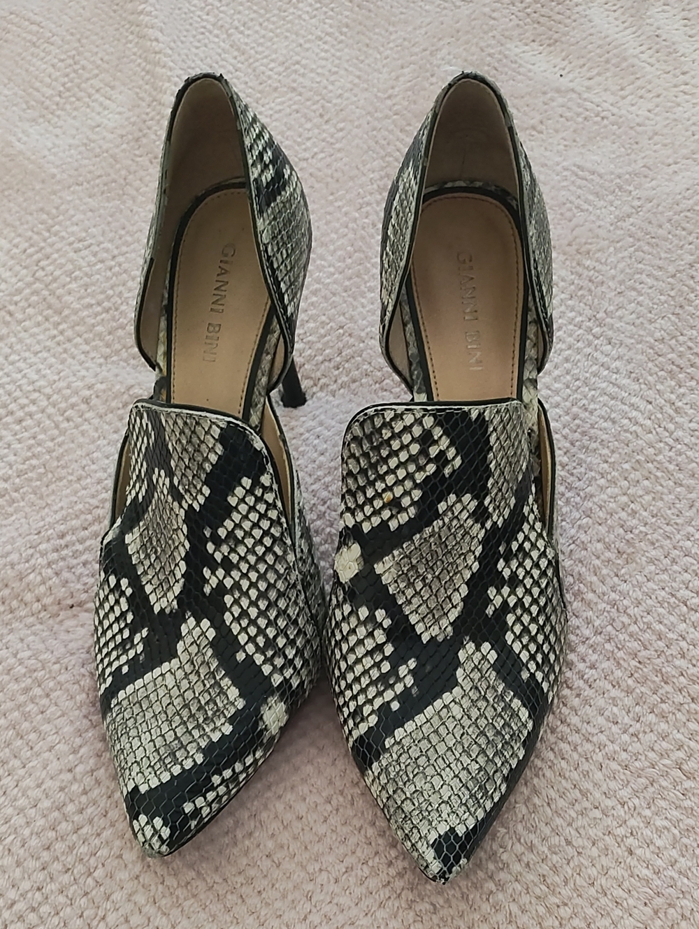 Gianni Bini Snake-Print Pointed D'Orsay Heels in Black and Cream